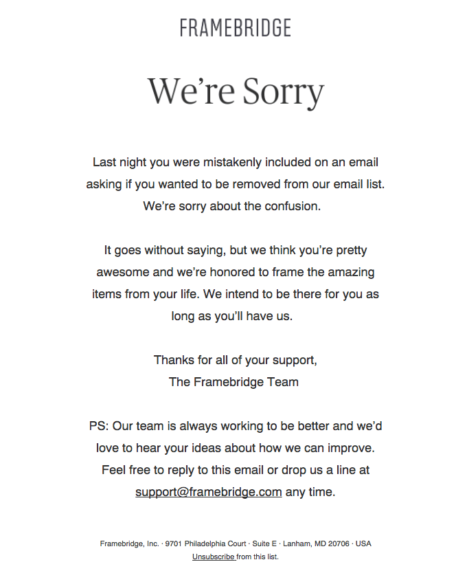 Promotional Emails - Apology Email Example - Framebridge