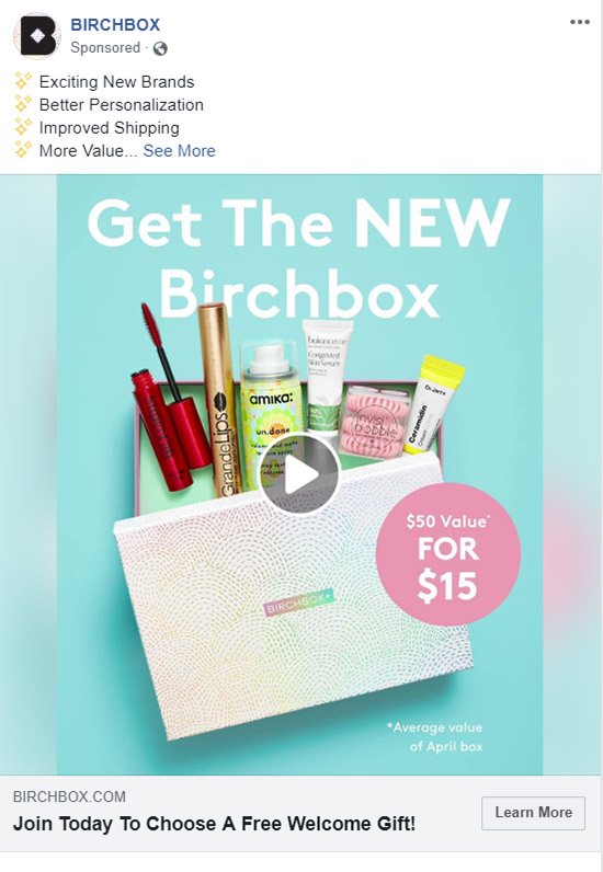 Facebook Ad Birchbox - Subscription Based Product/Servce Facebook Ad Example