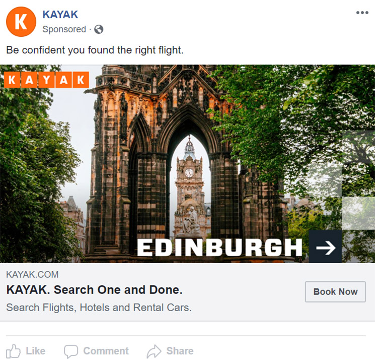 Facebook Ad KAYAK - Hospitality Facebook Ad Example