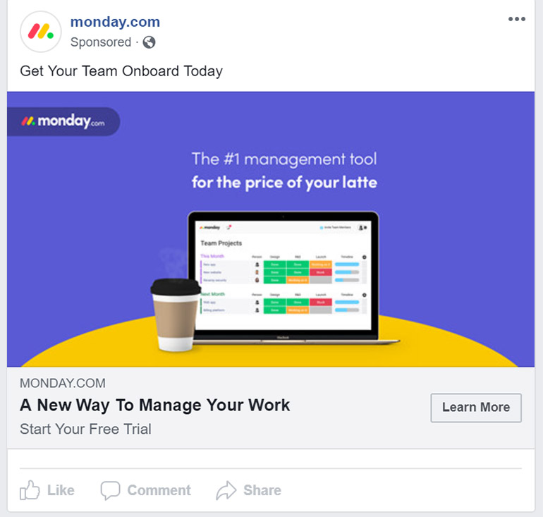 Facebook Ad Monday App - Business Communication & Productivy Facebook Ad Example