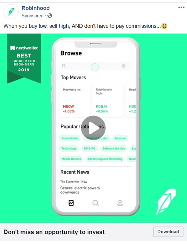 Facebook Ad Robinhood - Personal Finance Facebook Ad Example