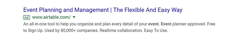 Airtable Event Management - SAAS Company Google Ad Example