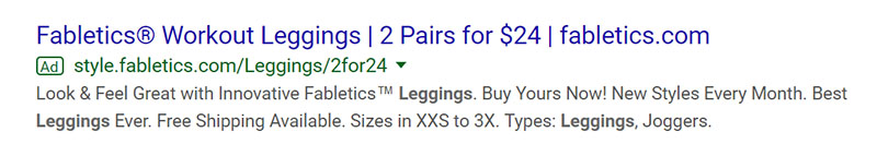 Fabletics Apparel - SAAS Company Google Ad Example