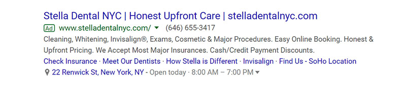 Stella Dental Google Ad Example - Chainlink Relationship Marketing