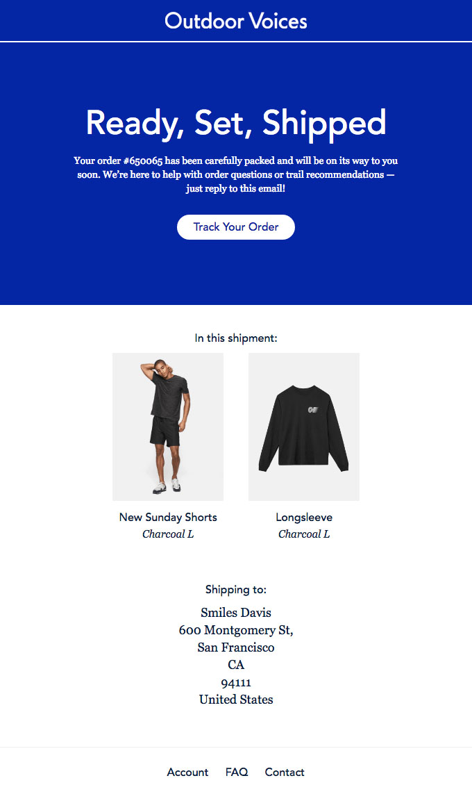 Transactional Emails - Shipping Confirmation Email Example - Outdoor Voices