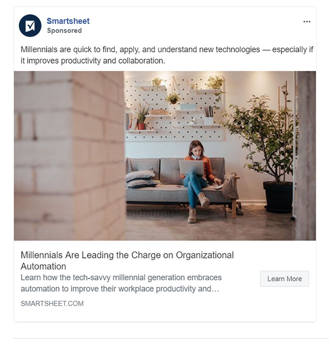 Business Communication & Productivy Facebook Ad Example - Smartsheet