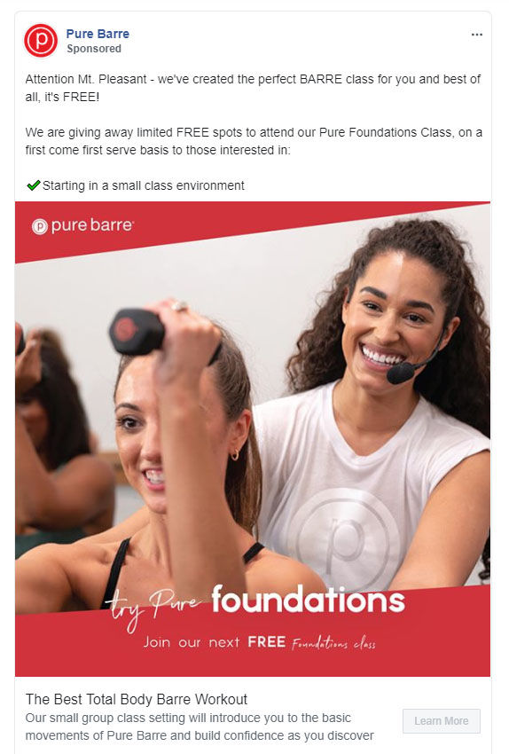 Fitness Facebook Ads Example - Pure Barre