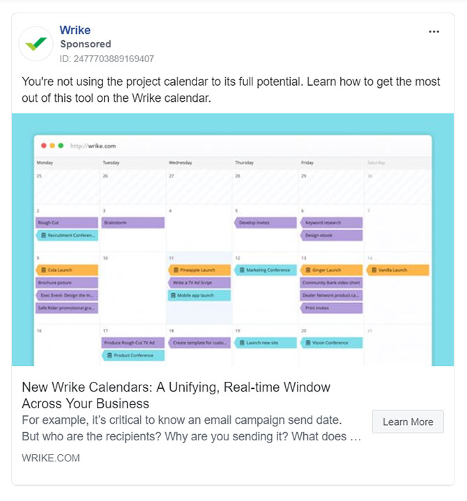 Facebook Ads - Business Tool Ad Example - Wrike