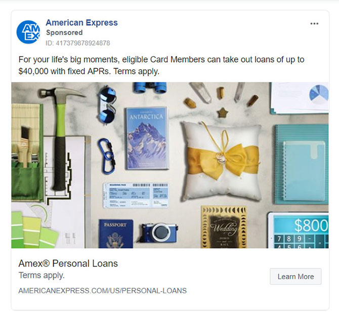 Personal Finance Facebook Ad Example - AmEx