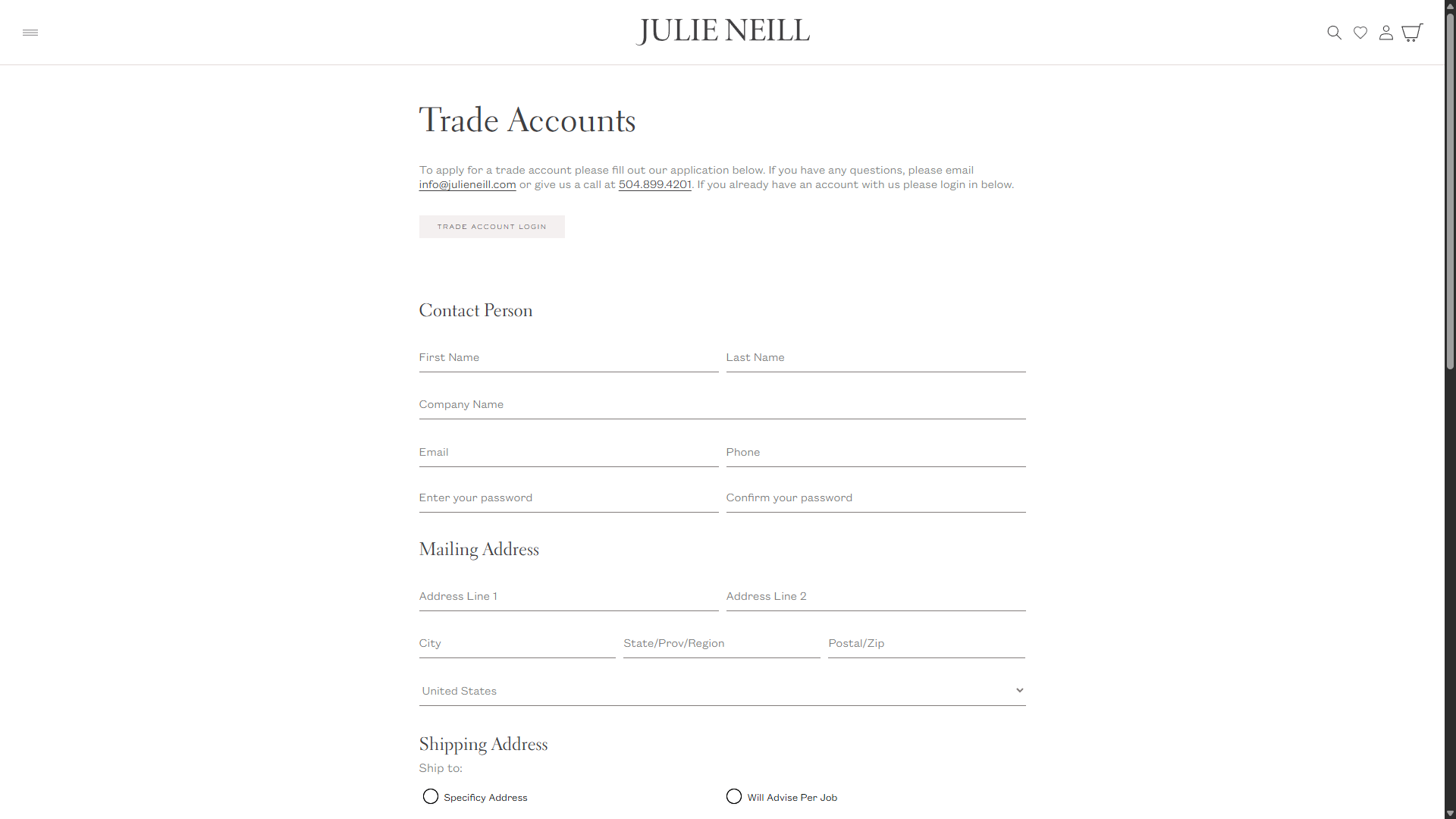 Trade Account Portal Content | Julie Neill Designs Project